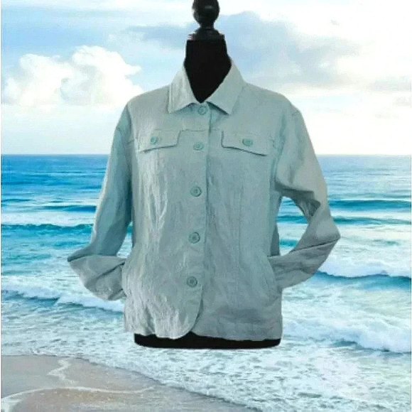 Embroidered Soft Stretch Cotton Spandex Aqua Blue Women's Size Large Jacket - Picture 1 of 5